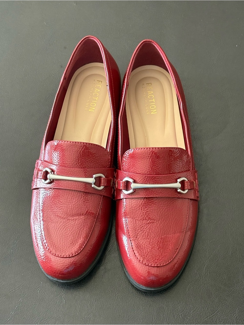 Kenneth Cole Reaction Red Patent Loafers with Silver Bit